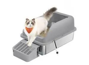 Feandrea Edelstahl Katzentoilette mit hohem Rand und Trittstufe - Robuste Katzentoilette aus Edelstahl, ideal für Katzen bis 15 kg. Hohe Seitenwände verhindern das Streuen, während das offene Design die Luftzirkulation fördert. Leicht zu reinigen mit Schaufel und Bürste.