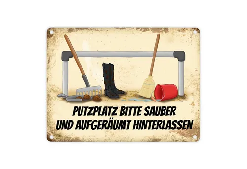 speecheese Metallschild Reiter Metallschild mit Putzstelle Motiv und Spruch: Bitte Putzplatz