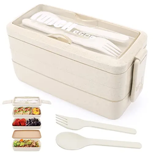 3-Lagen Brotdose Bento-Box für Erwachsene, 4-in-1 Meal prep Boxen mit Gabel und Löffel, 1000-ml Lebensmittel Aufbewahrungsbox für Männer Frauen Schüler Mikrowelle spülmaschinenfest erhältlich (Beige)