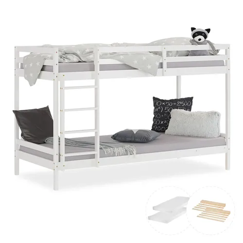Homestyle4u Hochbett 90x200 für 2 Kinder Weiß - Hochbetten aus Kiefer, ideal für Kinderzimmer. Inklusive Lattenrost und 2 Komfortschaum-Matratzen, bietet Platz für 2 Kinder und spart Raum.