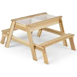 COSTWAY 2-in-1 Kindersitzgruppe mit Matschtisch und Sandkästen - Vielseitige 4-in-1 Sitzgruppe aus robustem Fichtenholz, ideal für drinnen und draußen. Mit abnehmbarem Deckel und 2 Sandkästen für kreativen Spielspaß. Perfekt für Kinder ab 3 Jahren.