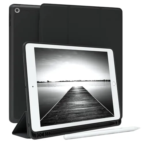 EAZY CASE - Schutzhülle mit Stifthalter für iPad 7 / iPad 8 / iPad 9 Gen. Case 10.2 Zoll Hülle mit Stifthalterung Tablet Cover Touchpen Smartcase aufstellbar Klappcase Auto Sleep Wake Up Etui Schwarz