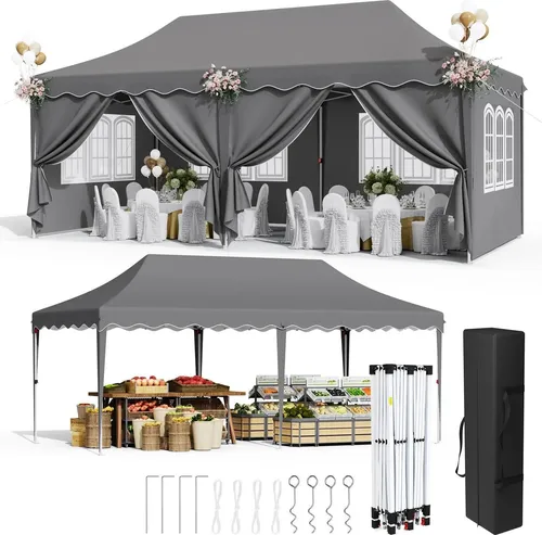 Faltbares Garten-Zelt 3x6 m mit 6 Seitenwänden, Grau