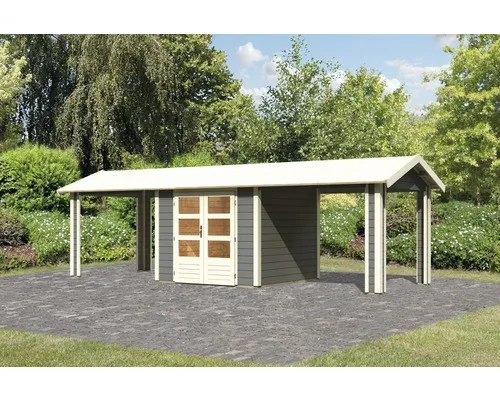 Karibu Gartenhaus Theres 3 mit 2 Dachausbauelementen in Terragrau - Vielseitiges Gartenhaus mit klassischem Satteldach und moderner Doppelfügeltür. Optional erweiterbar mit Dachausbauelementen für zusätzlichen Stauraum. Hochwertige Verarbeitung sorgt für dauerhafte Freude im Garten.
