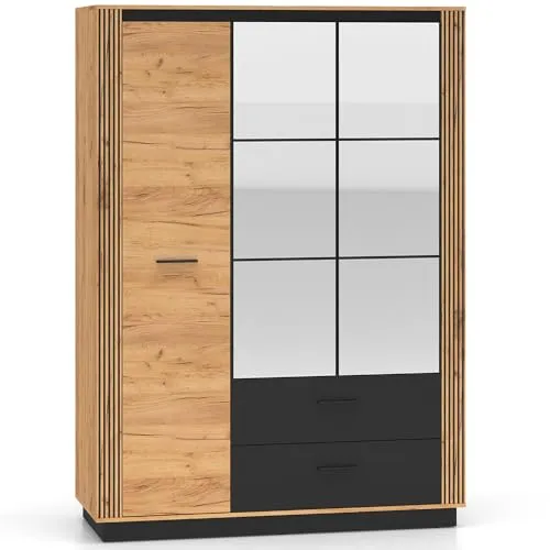 Lomadox Kleiderschrank URBANIA-131 – Moderner Garderobenschrank in Eiche und Schwarz - Eleganter Kleiderschrank URBANIA-131 in Eiche mit schwarzen Akzenten. Bietet stilvolle Aufbewahrungslösungen und passt perfekt in jedes Schlafzimmer. Mit zwei Spiegeltüren und praktischen Einlegeböden für maximale Flexibilität.