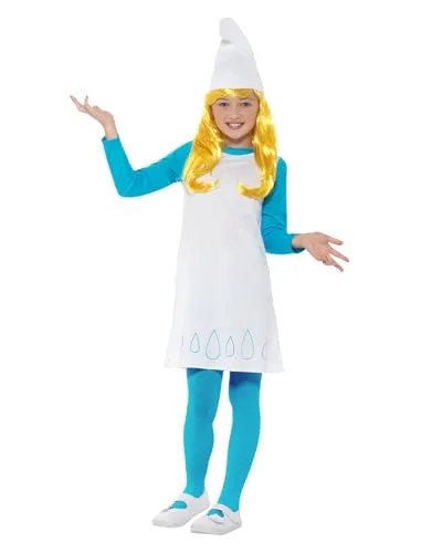 Die Schlümpfe – Schlumpfine Kostüm für Kinder - Kostüme für Kinder, offizielles Lizenzkostüm mit hübschem Kleid, passender Strumpfhose und Zipfelmütze für einen authentischen Schlumpfine-Look.
