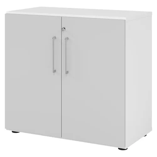 bümö Aktenschrank abschließbar, Büroschrank Holz 80cm breit in Weiß/Grau - Aktenschrank aus hochwertigem Holz mit Schloss, werkzeuglosem Aufbau und einstellbarem Fachboden für optimale Ordnung im Büro.