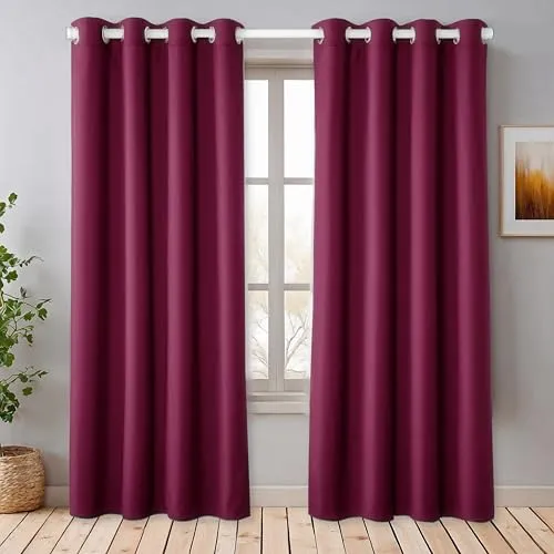 Praktisches Set ohne Bohren: 2x Vorhang + 1x Klemmstange silber 70-120 cm + 2x Raffhalter mit Magnet blickdicht & verdunkelnd, als Raumteiler, Fenster & Tür Rot Bordeaux Thermovorhang 220x135cm