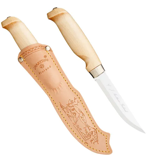 Marttiini Lynx 129 Taschenmesser - Hochwertiges Jagdmesser mit Edelstahlklinge, elegantem Birkenholzgriff und praktischer Lederscheide - ideal für Outdoor-Enthusiasten.