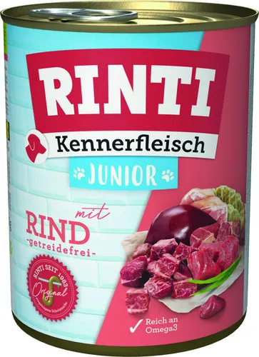Rinti Kennerfleisch Hundenassfutter Junior 800 g Rind - Hochwertiges Hundenassfutter für Junghunde, reich an Rind und ideal für eine gesunde Ernährung, besonders bei Kartonabnahme.