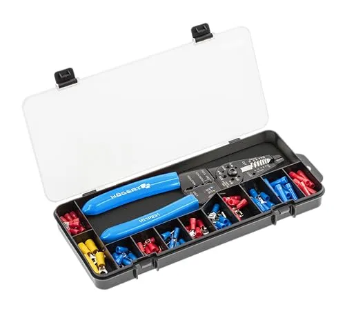 Högert Technik - Crimpzange 0,5 – 6 mm2 für Kabelschuhe mit Abisolierer + Verbinder, 86 Stück | aus Kohlenstoffstahl