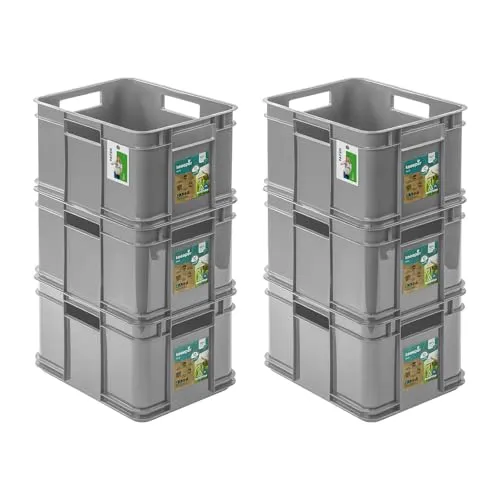 PAFEN 6x Euro Stapelbox 16l - 35 x 27 x 21 cm – Eco Aufbewahrungsbehälter Euro-box Stapelkasten Transport Eurobehälter aus PP, Stone Grey