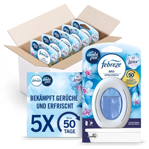 Febreze Raumduft Bad Lufterfrischer 2in1, 5er Pack - Lufterfrischer mit Lenor Aprilfrisch Duft, entfernt Gerüche und sorgt bis zu 45 Tage für Frische. Einfach zu aktivieren, kein Strom nötig.