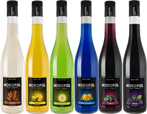 Likör-Set, 6 Flaschen, Banane, Melone, Brombeere, Zimt, Blue Curacao, je 0,7 L