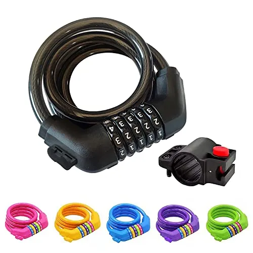 GOLDPOOL Fahrradschloss, Zahlen-Code-Kombination-Kabel-Schloss, bunt, 120 cm x ∅12mm Stahlseil ummantelt，Hohe Sicherheit 5 Stelliges Kabelschloss(Schwarz)
