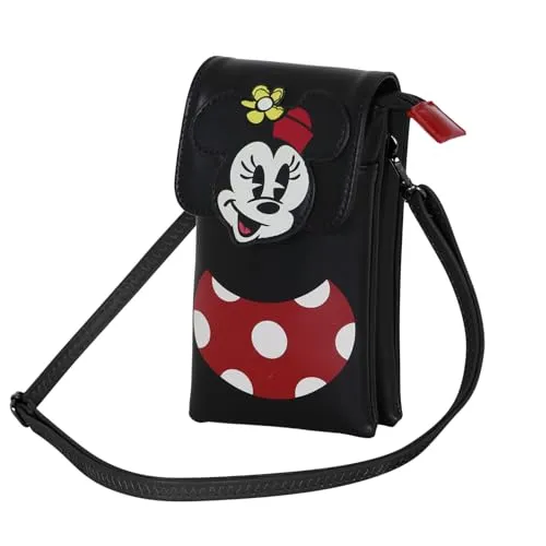 Disney Minnie Maus Face-Handytasche - Stylische Messenger-Bag in Schwarz mit Minnie Maus Design, ideal für Ihr Mobiltelefon und ausgestattet mit zwei Fächern sowie einem verstellbaren Schulterriemen.