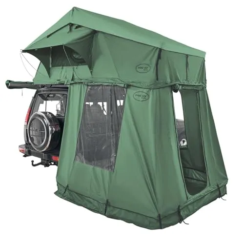 Prime Tech | Extended XL Autodachzelt mit Vorzelt | Softshell-Dachzelt mit Teleskopleiter & Matratze | Inkl. Vorzelt mit Bodenplane | 240x175 cm Liegefläche | Komfort für Camping | Grün