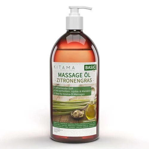 Kitama Aroma Massageöl Zitronengras 1-Liter - Massageöl für Aromatherapie, Wellness & Thai-Massage. Mit ätherischem Zitronengrasöl für entspannende Düfte und hautpflegenden Jojoba- sowie Mandelölen.