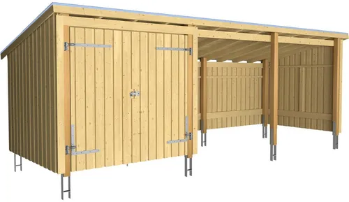 PLUS Gartenhaus Nordic Multi 14 m² - Gartenhaus mit Doppeltür, robust aus Holz, ideal für Gartenlagerung und Freizeitgestaltung, inklusive Dachpappe und H-Füßen.