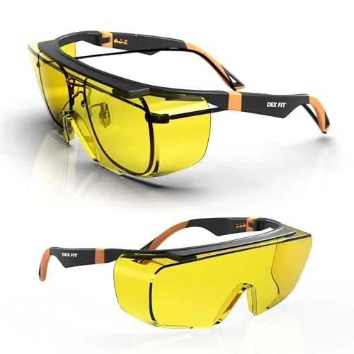 DEX FIT Schutzbrille SG210 OTG, Z87 Augenschutz, Beschlag- und Kratzfest, Verstellbar, Blaulichtfilter Brille Herren und Damen und UV Schutzbrille (Schwarzer und Oranger Rahmen, Gelbes Glas)