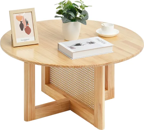 VEVOR runder Couchtisch aus Rattanholz - Beistelltisch fürs Wohnzimmer, handgefertigt aus strapazierfähigem Rattan und Gummibaumholz, ideal für einladendes Ambiente und hohe Stabilität mit bis zu 113,4 kg Tragkraft.