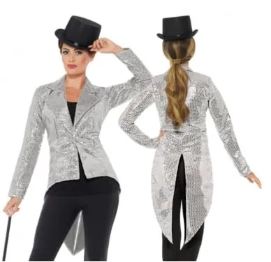 Party Factory Pailletten Frack für Damen, in Silber, Größe L, Paillettenfrack für Party, Shows oder Karneval, Glamouröses Party-Outfit für besondere Anlässe