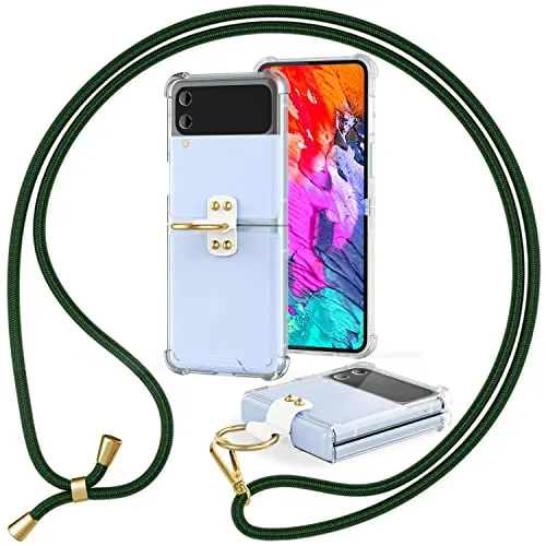 NALIA Klare Handyhülle mit Kette kompatibel mit Samsung Galaxy Z Flip4 Hülle, Transparente Schutzhülle mit Ring & Handy-Schnur zum Umhängen, Robuste Harte Rückseite & Silikon-Rand, Farbe:Dunkel Grün