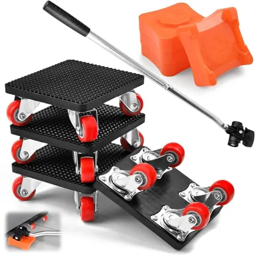 4-Teiliges Möbel Transportrollen Set, Möbelrollen mit Verlängerungsstange und Lastenheber, 400kg Tragkraft und 360 Grad Drehbar, Rads Möbelrollen Schwerlast für Gegenstände wie Kleiderschränke, Betten