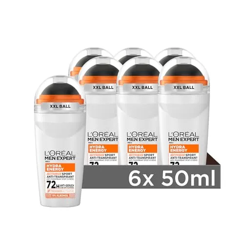 L'Oréal Men Expert 72H Deoroller für Männer, Deo Roll-On gegen Schweißgeruch, Schwitzen und Achselnässe, Herren Deodorant mit kühlendem Effekt ohne Alkohol, Hydra Energy Extreme Sport, 6 x 50 ml