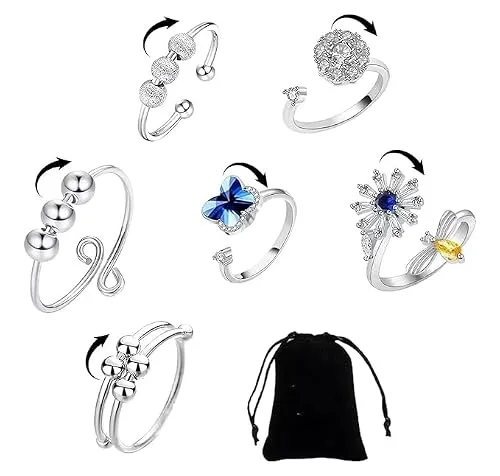 Stück Anxiety Spinner Ring mit Aufbewahrungstasche, Silber Verstellbar | Stapelbare Fidget Ring mit Perlen, Anti Stress Ring für Mädchen Damen Herren Kinder, Geburtstags-Party-Geschenke 6