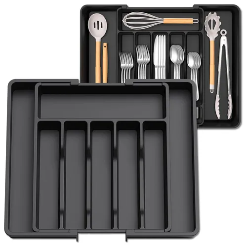 EDIBAZZAR | Besteckschubladen-Organizer, schwarz, ausziehbarer Einsatz