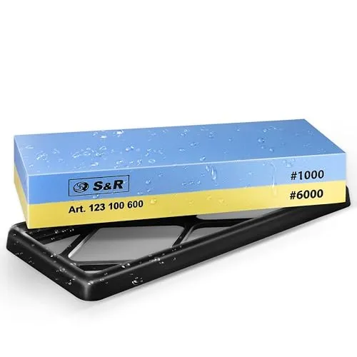 S&R Schleifstein Set – Messerschleifstein & Wetzstein für Messer – Doppelseitiger Sharpening Stone 1000/6000 & Schleifhilfe – Knife Sharpener Stone & Abziehstein zum Messer schärfen, Whetstone
