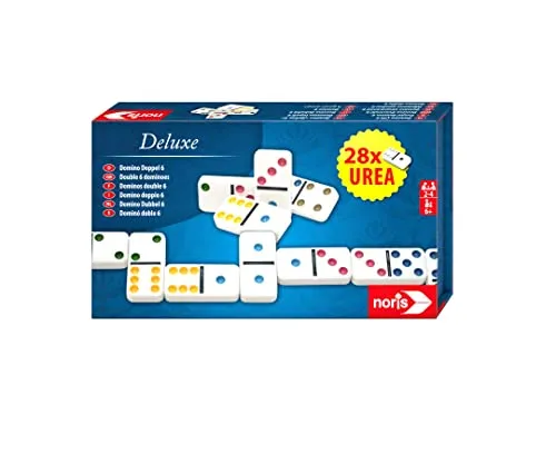 Noris Deluxe Doppel 6 Domino – Hochwertiges Urea‑Dominospiel mit 28 Steinen im Magnet‑Aufbewahrungskasten, Familienspiel ab 6 Jahren