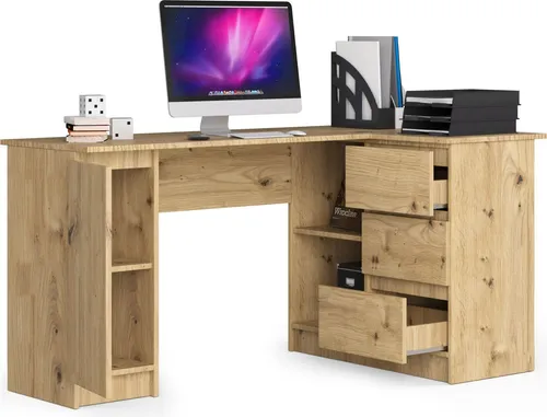 BDW Eckschreibtisch rechts mit 3 Schubladen und 4 Regalen in Eiche Artisan