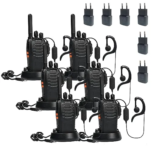Walkie Talkie PMR446 lizenzfreies Zwei-Wege-Funkgerät, pofung PT88E 16 Kanäle Professionelle wiederaufladbare Walkie Talkies mit großer Reichweite mit EU-Ladegerät und Hörmuscheln Schwarz 6 Stück