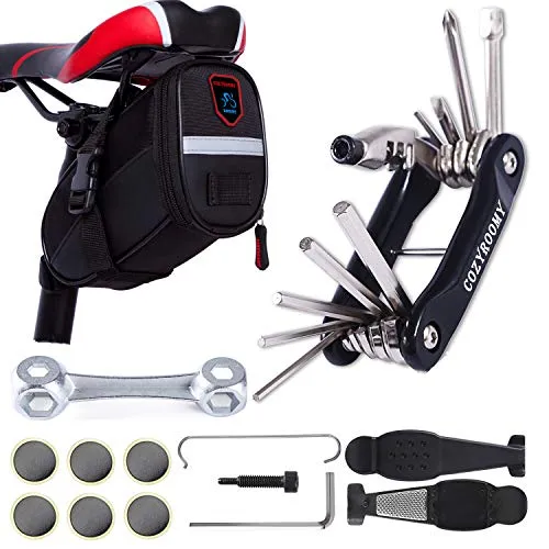 Fahrrad Reparatur Set Premium - 10-in-1 Multitool mit Kettenwerkzeug, Reifenhebern & wasserdichter Satteltasche | Inkl. 6 Reifenpflastern | Langlebig (Kohlenstoffstahl) | 6 Monate Garantie