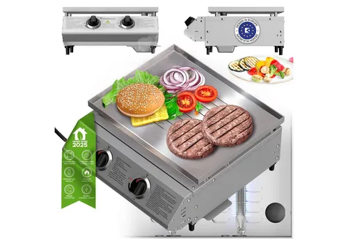 TurboTronic Gasgrill 61 cm Edelstahl Grillplatte für Smashburger - Kompakter Tisch-Gasgrill mit 2 starken Brennern (6,3 kW) und 46 × 40 cm Grillfläche, ideal für BBQ und Camping. Perfekt für knusprige Smashburger und einfache Reinigung dank Fettauffangsystem.