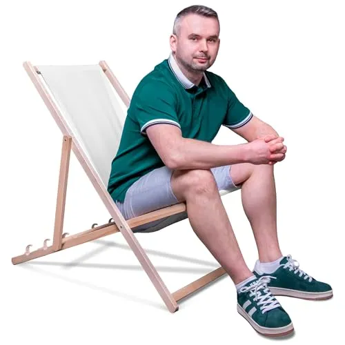 DreamRoots Liegestuhl Klappbar Holz aus Buchenholz, bis 130 kg belastbar, 3-Fach verstellbare Rückenlehne, waschbarer Polyesterbezug