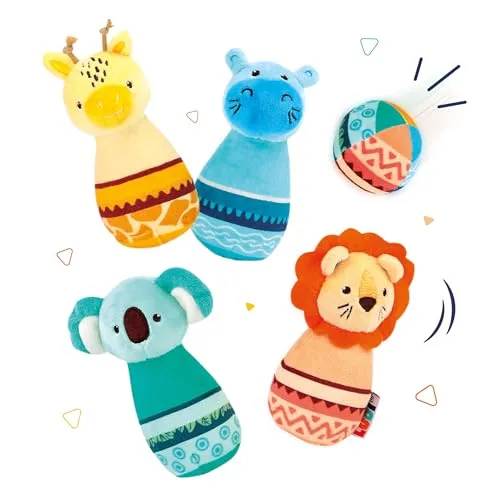 LUDI — Stoffkegeln — Spielzeug zum Erwachen — Bowlingspiel — weiches Material — stabil — leise — ab 10 Monaten — 1 Ball und 4 gewichtete Kegel — 1 Löwe, 1 Nilpferd, 1 Koala, 1 Giraffe — 6 x 6 x 14 cm