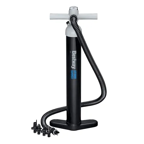 Bestway Air Hammer Hochdruckpumpe 1.800 / 3.450 ml - Manuelle Luftpumpe mit bis zu 3,45 Litern Hubvolumen pro Zyklus, ideal für schnelles und effektives Aufpumpen von Luftmatratzen und Spielzeug. Flexibler Schlauch und 5 Ventiladapter für vielseitige Anwendung.