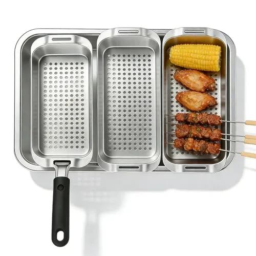 Grillkorb Set Edelstahl, 3er Grillkörbe mit Löchern, BBQ Grillpfännchen für Gasgrill, Gemüsekorb und Grillschale für Gemüse, Fisch und Fleisch, inkl. Serviertablett und Universal-Hebegriff