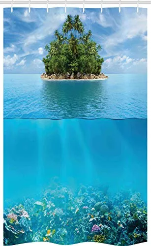 ABAKUHAUS Tropisch Schmaler Duschvorhang, Kleine Insel im Ozean, Badezimmer Deko Set aus Stoff mit Haken, 120 x 180 cm, Aqua Forest Green
