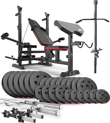 Hop-Sport multifunktionale Hantelbank HS-1075 - mit Curlpult und Latzug - inkl. 135 KG Hantelset Lang-, Curl- & Kurzhantelstange, Gewichte