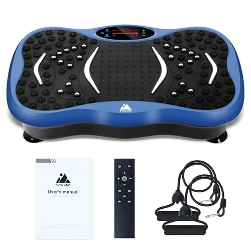 EVOLAND Vibrationsplatte Trainingsgerät mit 5 Trainingsprogramme bis 99 Intensitätsstufen, Bluetooth Lautsprecher, Widerstandsbänder mit Griff für Ganzkörpertraining und Körperformung