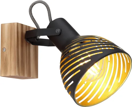 Retro Wandleuchte Lenna - Verstellbarer Spot mit Holz und Gold - Lampen: Stilvolle Wandleuchte aus dunkelbraunem Holz und schwenkbarem Metall-Schirm in Schwarz und Gold, ideal für individuelle Lichtgestaltung.