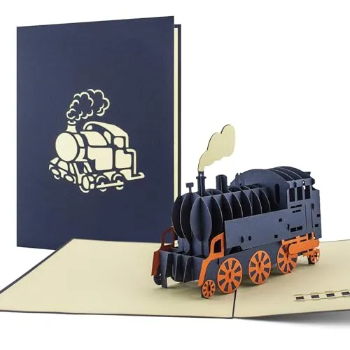 Diese-Klappkarten Lokomotive als Pop Up Karte als Geschenk oder Geburtstagskarte für Dampflok-Liebhaber, Glückwunschkarte in 3D, Bahn Geschenkidee, Karte zum Geburtstag