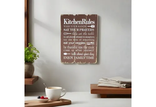 Levandeo® Wandbild, Wandbild Kitchen Rules 28x21cm Holz Braun Shabby Chic Vintage Küche