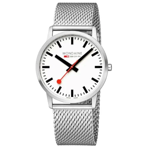 Mondaine Herren Analog Quartz Uhr A6383035016SBZ - Edelstahl-Armbanduhr mit 40mm Gehäuse, weißem Ziffernblatt und rotem Sekundenzeiger. Handgefertigt in der Schweiz und wasserresistent bis 3bar – ideal für stilbewusste Herren.