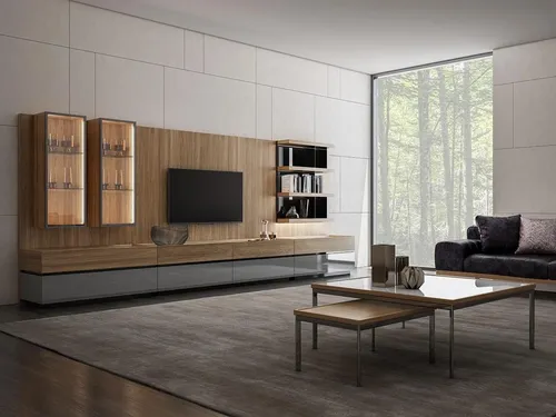Modern Design Wohnwand Set mit TV-Ständer und Wandregalen - Stylisches Wohnwand Set aus Holz in Braun für das Wohnzimmer. Mit mehr als 8 Regalfächern und 2 Türen bietet es viel Stauraum und eine moderne Optik.