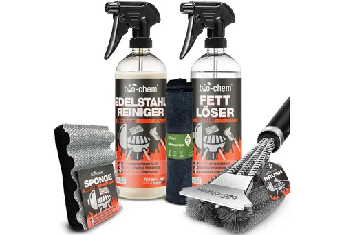 bio-chem Fettlöser Set 3-TLG – Edelstahlreiniger & Fettlöser für Grill & Küche Grillreiniger (Keine Angabe erforderlich, [- Fettlöser, Edelstahl-Reiniger, Grillbürste, Schwamm, Tuch 3-teiliges Set mit Fettlöser & Edelstahlpflege)